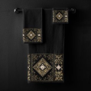 Ornate Opulence Black and Gold Jewelled Flourish Bath Towel Set