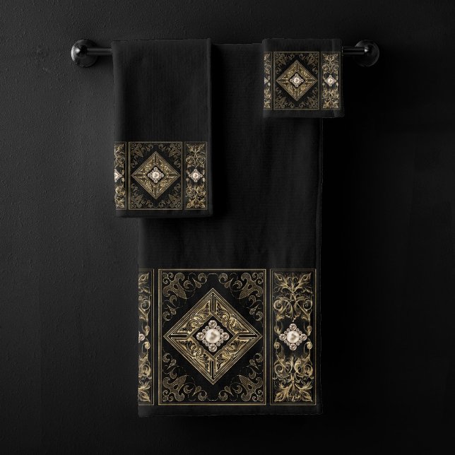 Ornate Opulence | Black and Gold Jewelled Flourish Bath Towel Set (Creator Uploaded)