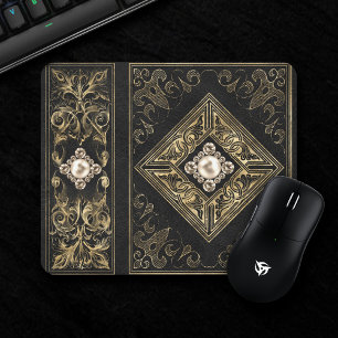 Ornate Opulence   Black and Gold Jewelled Flourish Mouse Mat
