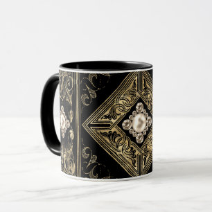 Ornate Opulence   Black and Gold Jewelled Flourish Mug