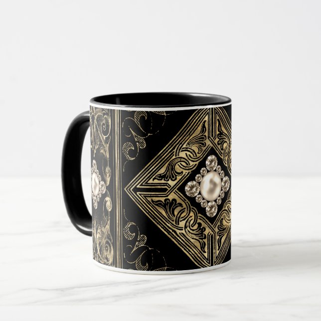 Ornate Opulence | Black and Gold Jewelled Flourish Mug (Front Left)