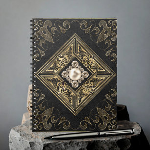 Ornate Opulence   Black and Gold Jewelled Flourish Notebook