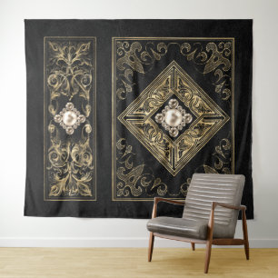 Ornate Opulence   Black and Gold Jewelled Flourish Tapestry
