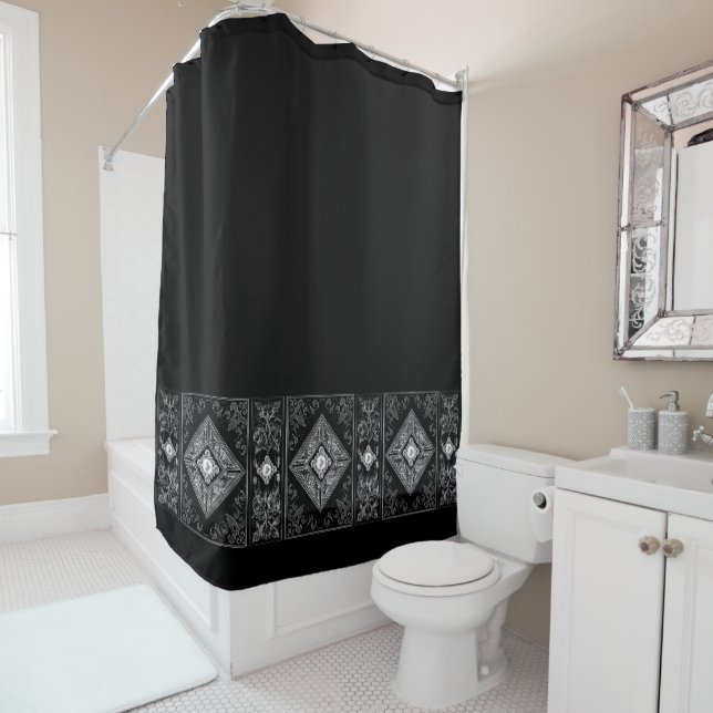 Ornate Opulence | Black and Silver Jewel Flourish Shower Curtain (In Situ)