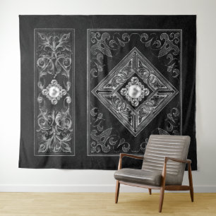 Ornate Opulence Black and Silver Jewel Flourish Tapestry