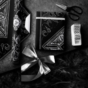 Ornate Opulence Black and Silver Jewel Flourish Wrapping Paper