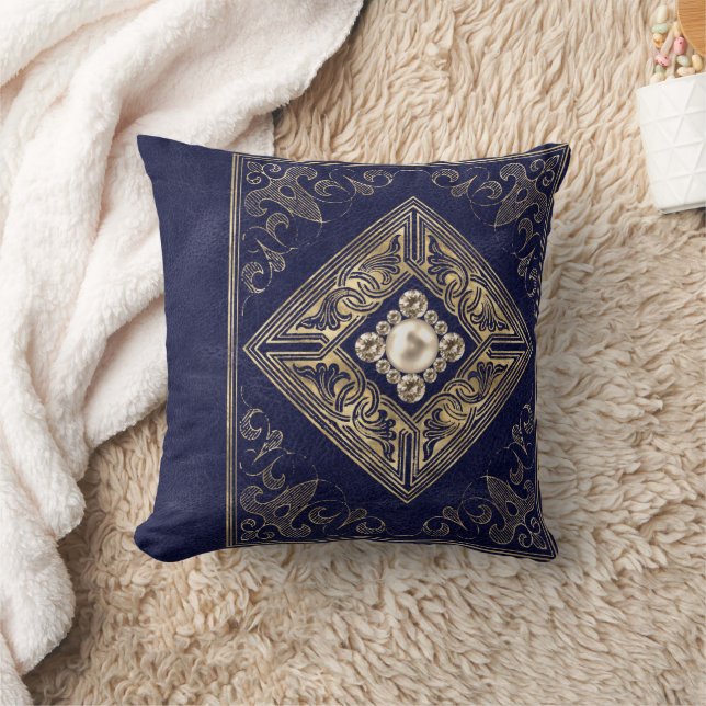 Ornate Opulence | Blue and Gold Jewelled Flourish Cushion (Blanket)