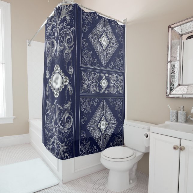 Ornate Opulence | Blue and Gold Jewelled Flourish Shower Curtain (In Situ)