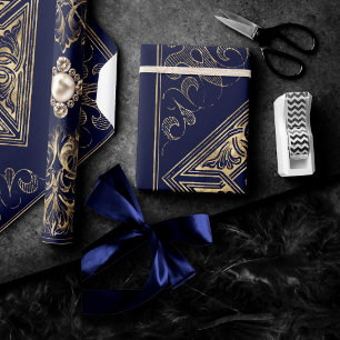 Ornate Opulence   Blue and Gold Jewelled Flourish Wrapping Paper