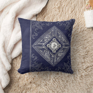 Ornate Opulence   Blue and Silver Jewelled Flouris Cushion