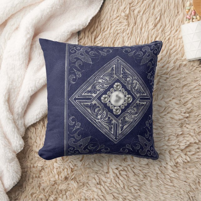 Ornate Opulence | Blue and Silver Jewelled Flouris Cushion (Blanket)