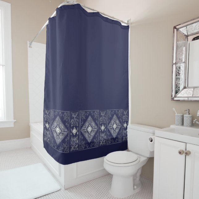 Ornate Opulence | Blue and Silver Jewelled Flouris Shower Curtain (In Situ)