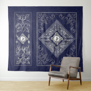 Ornate Opulence   Blue and Silver Jewelled Flouris Tapestry
