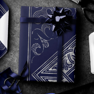 Ornate Opulence   Blue and Silver Jewelled Flouris Wrapping Paper