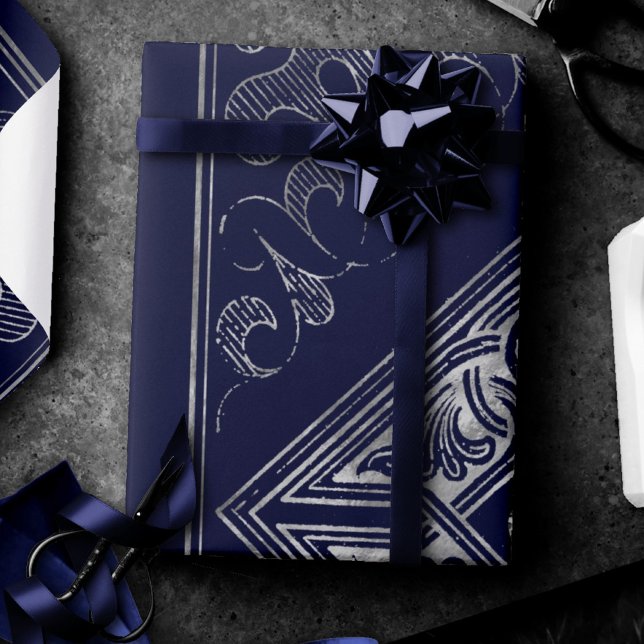 Ornate Opulence | Blue and Silver Jewelled Flouris Wrapping Paper (Creator Uploaded)