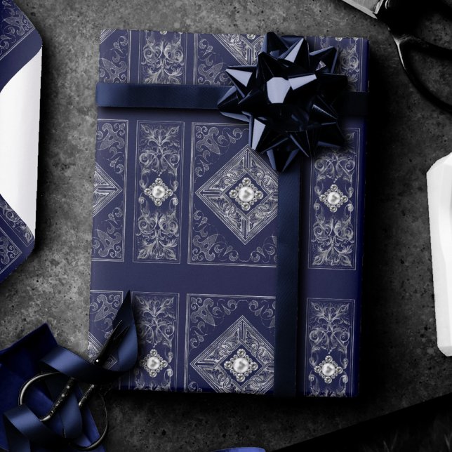 Ornate Opulence | Blue and Silver Jewelled Flouris Wrapping Paper (Creator Uploaded)