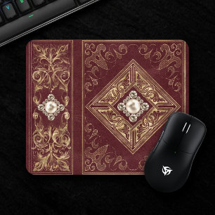 Ornate Opulence   Dark Red and Gold Jewelled Emble Mouse Mat