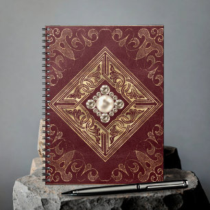 Ornate Opulence   Dark Red and Gold Jewelled Emble Notebook