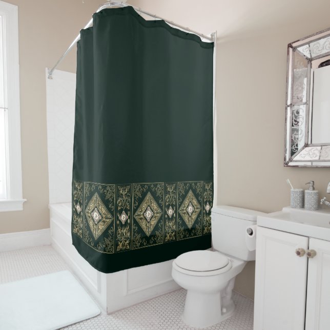Ornate Opulence | Green and Gold Jewelled Flourish Shower Curtain (In Situ)