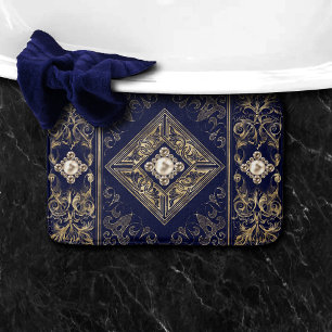 Ornate Opulence   Navy Blue and Gold Jewel Emblem Bath Mat