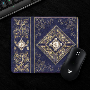 Ornate Opulence Navy Blue and Gold Jewel Emblem Mouse Mat