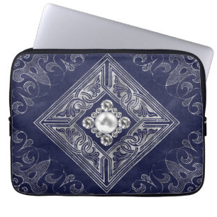 Ornate Opulence   Navy Blue Silver Jewelled Emblem Laptop Sleeve