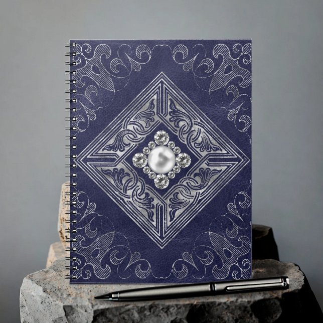 Ornate Opulence | Navy Blue Silver Jewelled Emblem Notebook (Creator Uploaded)