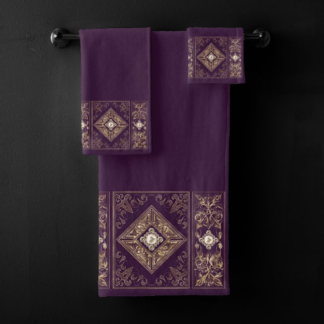 Ornate Opulence | Purple and Gold Jewelled Flouris Bath Towel Set (Creator Uploaded)