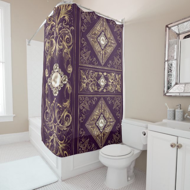 Ornate Opulence | Purple and Gold Jewelled Flouris Shower Curtain (In Situ)