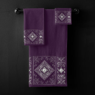 Ornate Opulence Purple and Silver Jewel Flourish Bath Towel Set