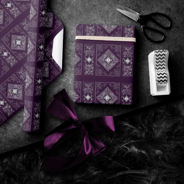 Ornate Opulence | Purple and Silver Jewel Flourish Wrapping Paper (Creator Uploaded)