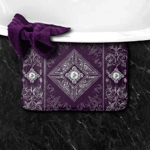 Ornate Opulence   Purple and Silver Jewelled Emble Bath Mat