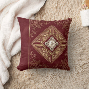 Ornate Opulence Red and Gold Jewelled Flourish Cushion