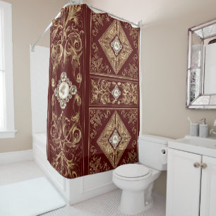 Ornate Opulence Red and Gold Jewelled Flourish Shower Curtain