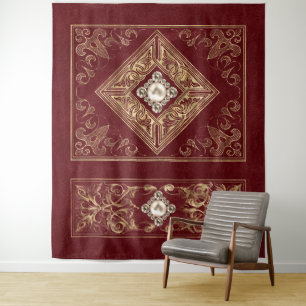 Ornate Opulence   Red and Gold Jewelled Flourish Tapestry