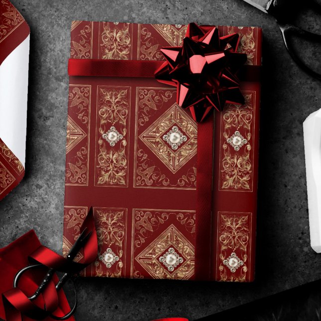 Ornate Opulence | Red and Gold Jewelled Flourish Wrapping Paper (Creator Uploaded)