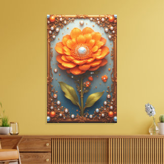 Ornate Orange Flower Artwork in Gold Frame Canvas Print