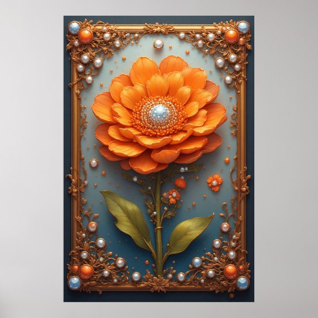 Ornate Orange Flower Artwork in Gold Frame Poster (Front)
