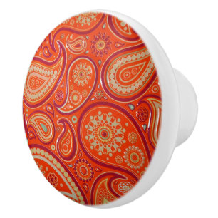 Ornate Orange Paisley Pattern Ceramic Knob