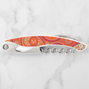 Ornate Orange Paisley Pattern Monogram Corkscrew