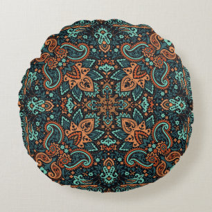 Ornate Paisley Bandanna: Silk Neck. Round Cushion