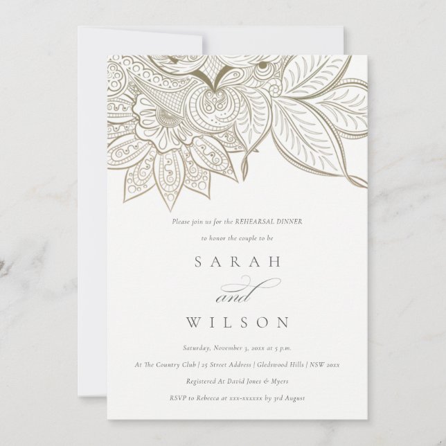 Ornate Paisley Ivory Gold Rehearsal Dinner Invite (Front)