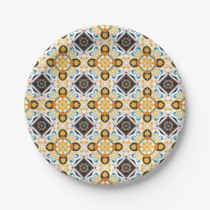 Ornate pattern with yellow and blue geometric paper plate