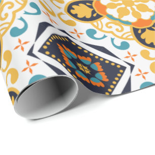 Ornate pattern with yellow and blue geometric wrapping paper