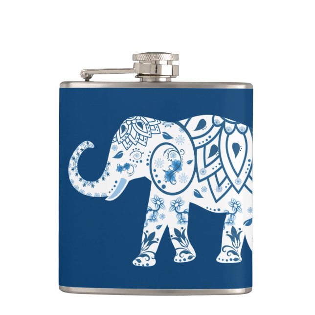Ornate Patterned Blue Elephant Hip Flask (Front)