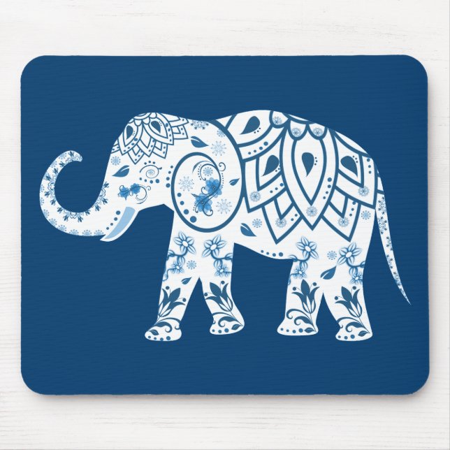 Ornate Patterned Blue Elephant Mouse Mat (Front)