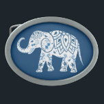 Ornate Patterned Blue Elephant Oval Belt Buckle<br><div class="desc">Stunning ethnic art belt buckle with decorative henna tattoo style elephant on dark blue background. Option to customise background colour.</div>