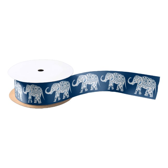 Ornate Patterned Blue Elephant Satin Ribbon (Spool)