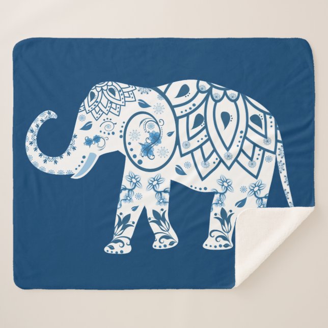 Ornate Patterned Blue Elephant Sherpa Blanket (Front (Horizontal))