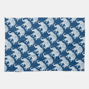 Ornate Patterned Blue Elephant Tea Towel
